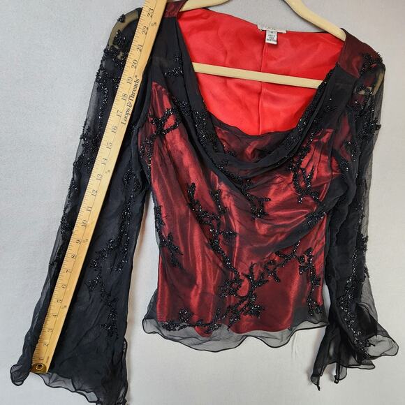 Caché 100% Silk Sheer Blouse Medium Beaded Bell Sleeves Red Black - Picture 4 of 12